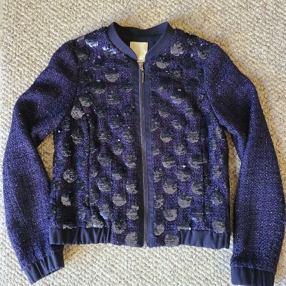 Anthropologie navy sequin bomber